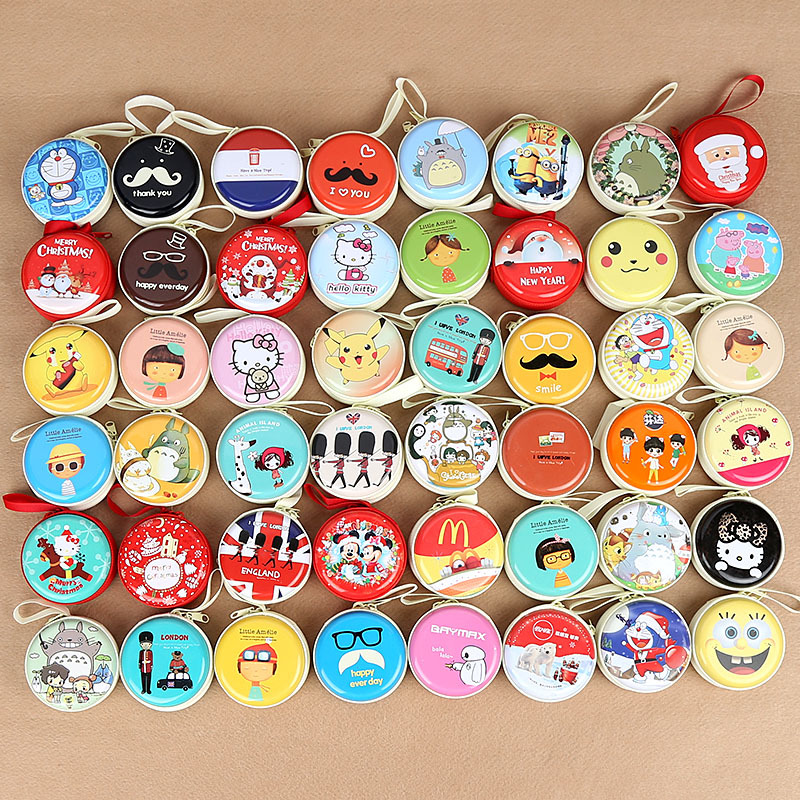 Cartoon Round Tinplate Zipper Earphone Coin Bag Storage Bag
