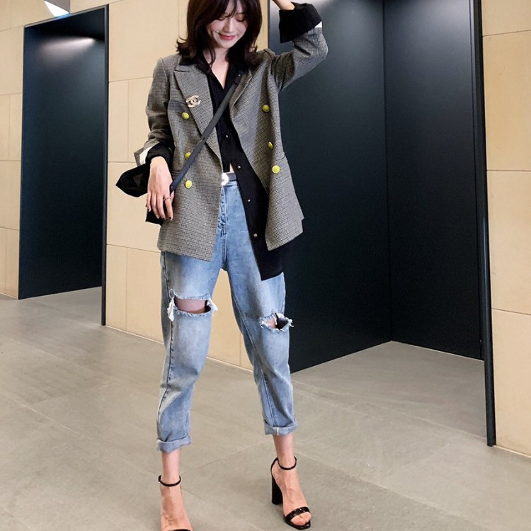 Spring new loose thin hole jeans women fashion personality light color feet pants