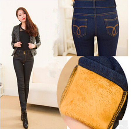 019 Winter Jeans Women Gold Fleeces Inside Thickening Denim Pants High Waist Warm Trousers Female Snow Jeans Pants