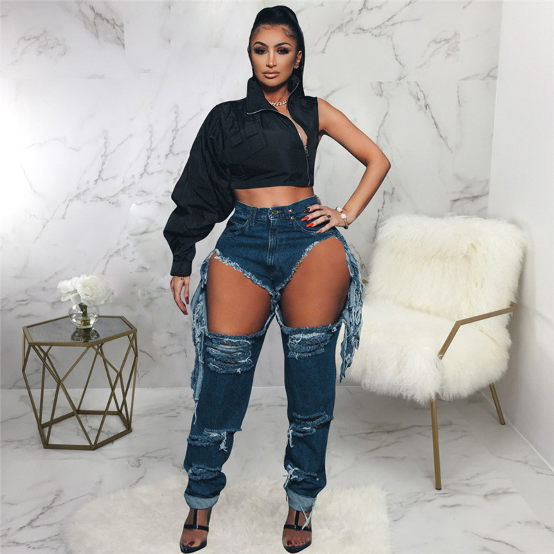 Washed hole high-rise jeans