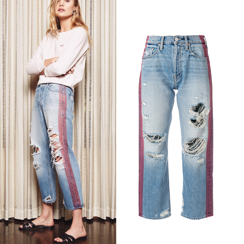 Spring and Summer 2021 New Trendy Sports Wind Printing Hole Washing Water Jeans New Women''s Seven-cent Trousers Straight Trousers