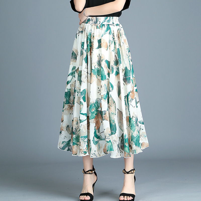 Retro skirt printed chiffon dress high waist pleated skirt