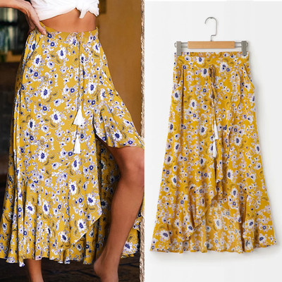 Printed high-waist split skirt