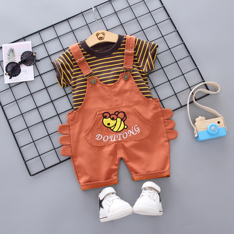 Summer denim strap shorts boys casual Korean version Shorts bee short sleeve T-shirt two-piece suit