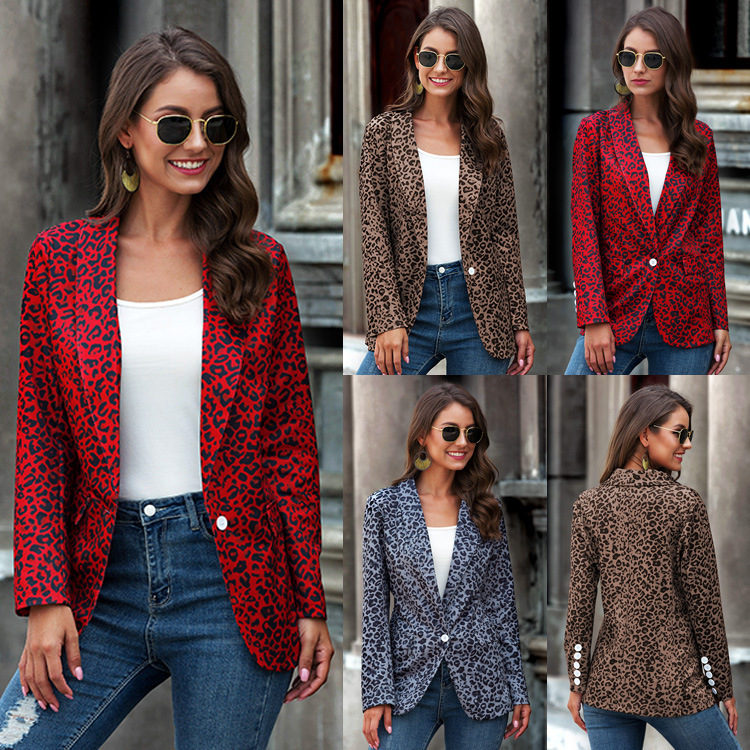 Leopard print long sleeve lapel button small blazer