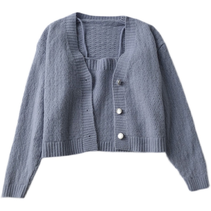 Loose Single-breasted V-neck Long-sleeved Knit Cardigan Is Thinner With A Short Two-piece Vest