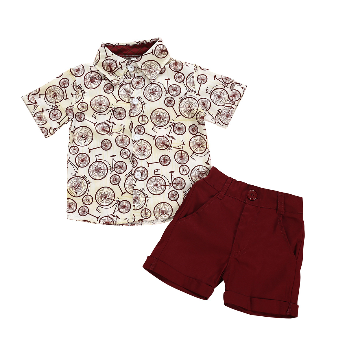 Print shirt + wine red shorts