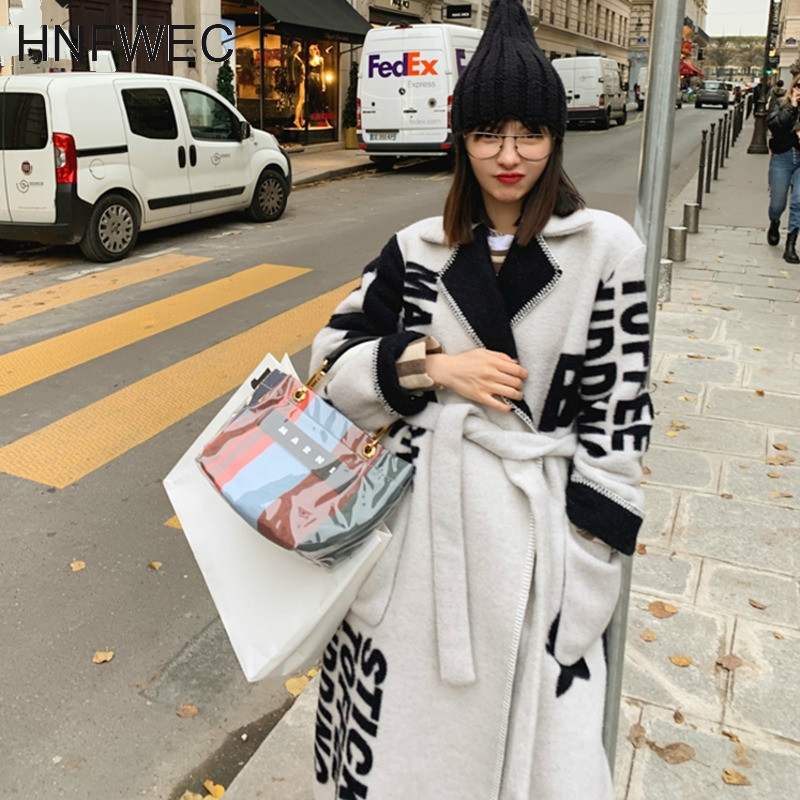 Black and white letters lace long blanket coat