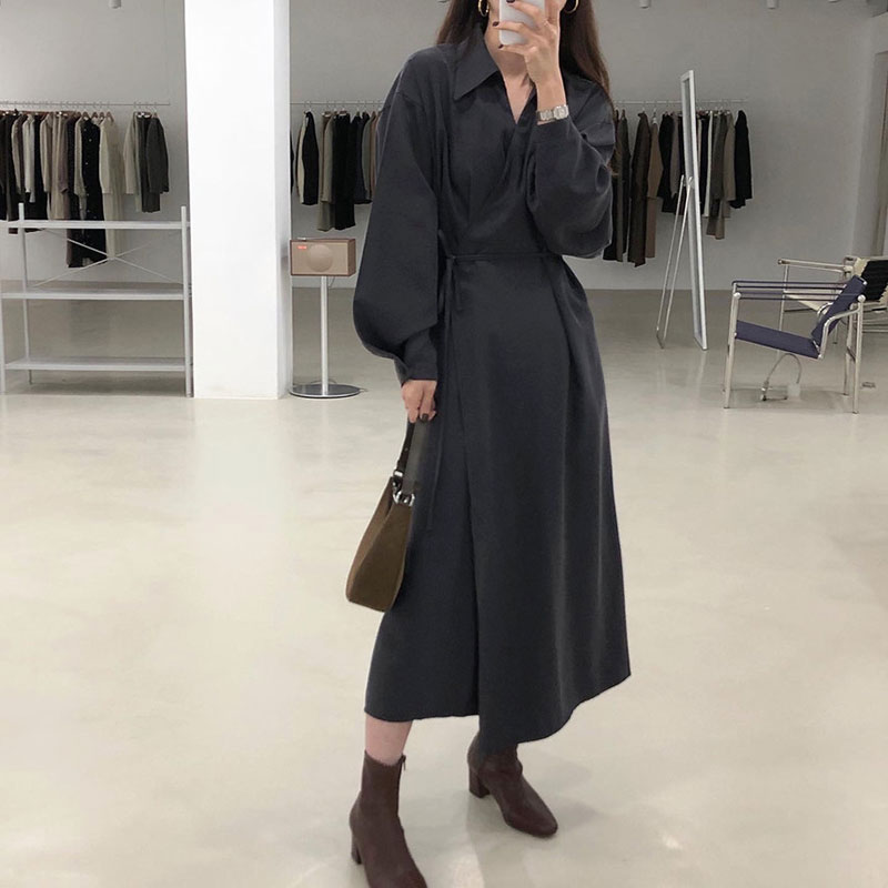 Cross-temperament shirt-style long-sleeved dress