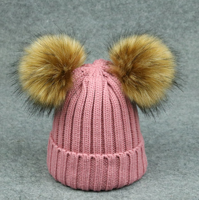Cross-border Special Supply Parent-child Wool Hat Raccoon Fur Double Ball Fake Hair Ball New Knit Hat Fast Sale Source