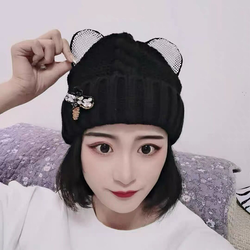 Rhinestone Cat Ear Knit Hat