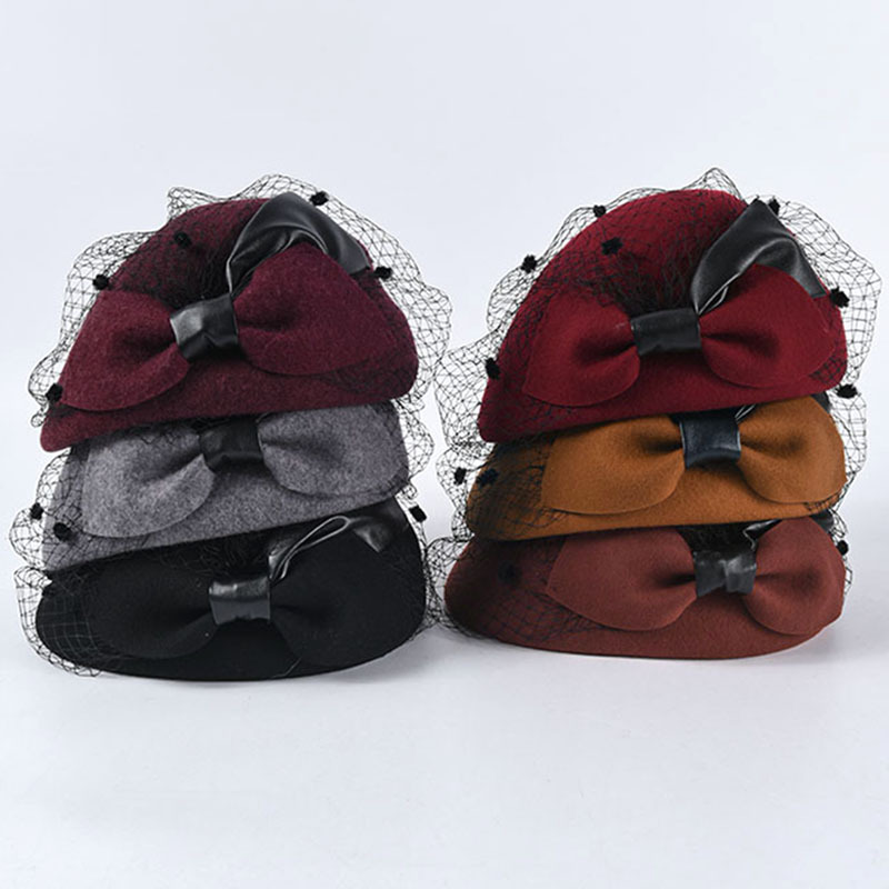 Mesh bow wool wool beret