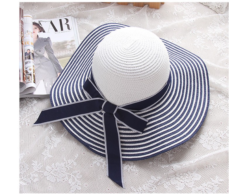 2019 Hot Sale Fashion Hepburn Hat Wind Black White Striped Bowknot Summer Sun Hat Beautiful Women Straw Beach Hat Wide-Brim Cap