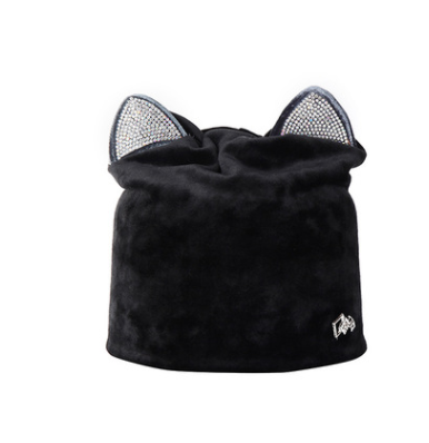 Autumn Winter Women's Beanies Cat Hat Ladies Warm Velvet Skullies  With Flashing Rhinestone Ear Flaps Girls Cute Bonnet Touca