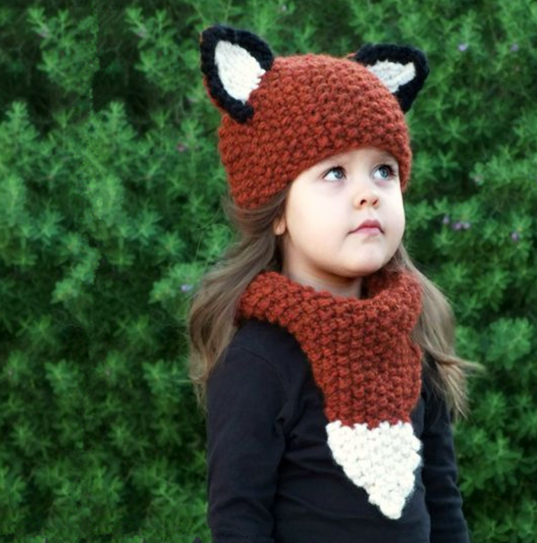 Cartoon Children's Crochet Hat Handmade Fox Bib  Set Wool