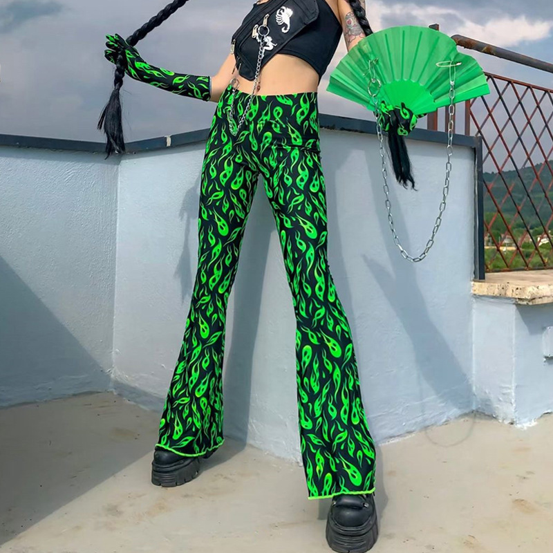 Fashion All-Match Sexy Printed Fruit Green Flared Pants