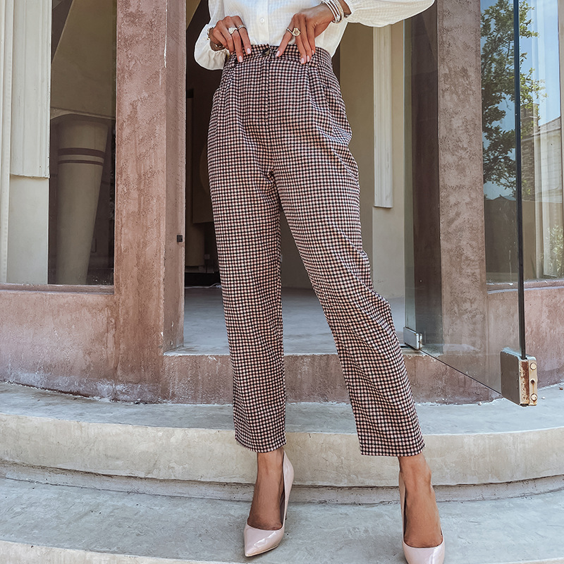 New High-waist Plaid Pocket Cropped Trousers