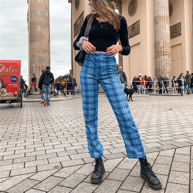 Blue check stitching straight pants