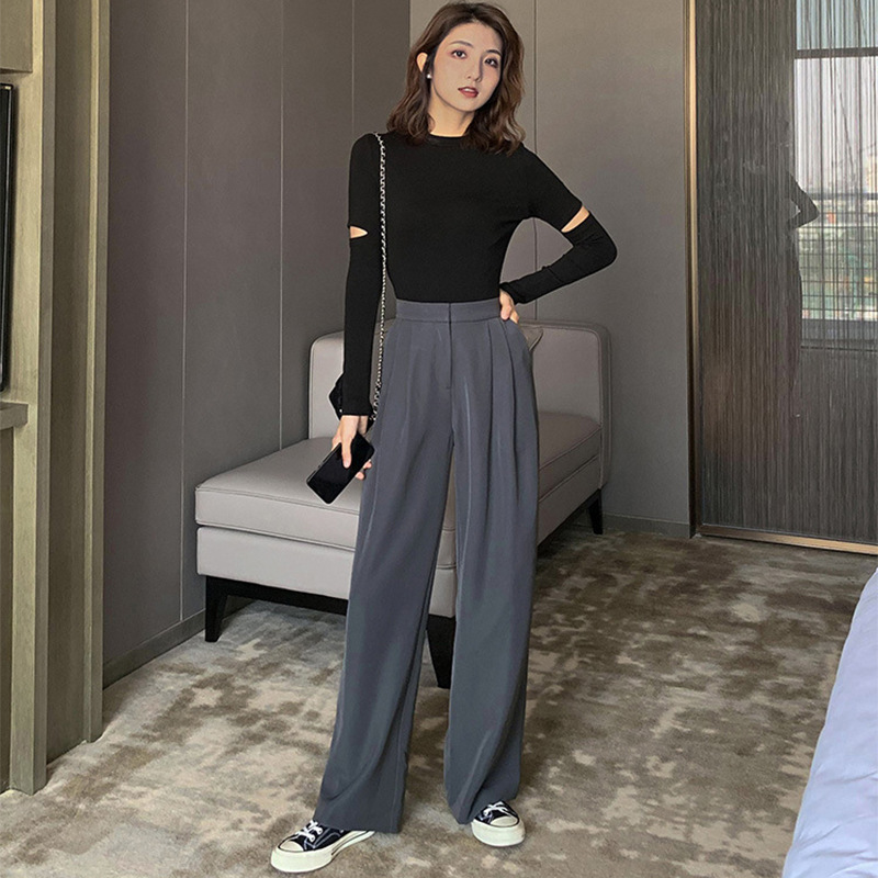 Spring New Loose Chic High Waist Korean Student Straight Suit Pants Women