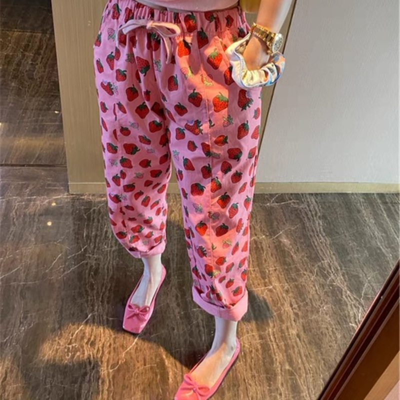 Bora Korea Dongdaemun Beautiful Greasy Full Print Small Strawberry Elastic Waist Casual Pants Women