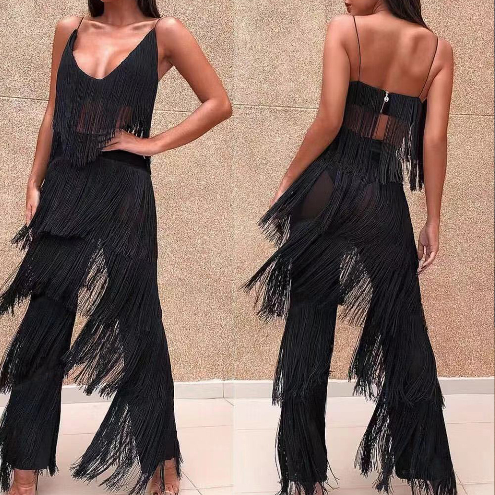 Sling off-the-shoulder two-piece wide-leg pants suit