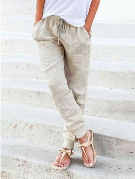 Loose Solid Color Cotton And Linen Ladies Casual Pants