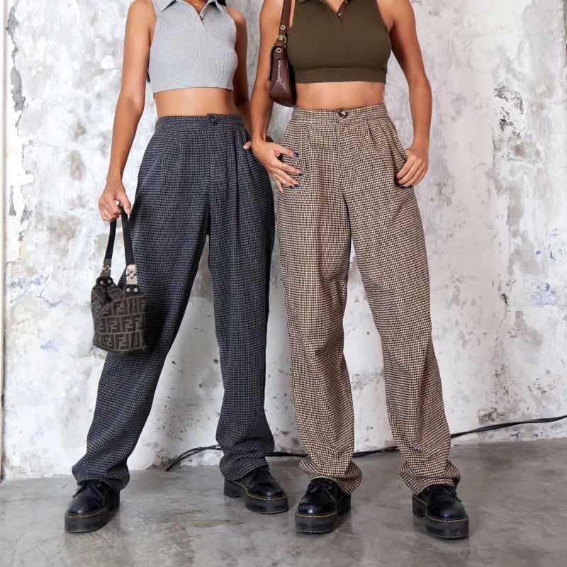 Retro Loose Houndstooth Women's Pants Suit Wide Leg Pants Women's High Waist Was Thin