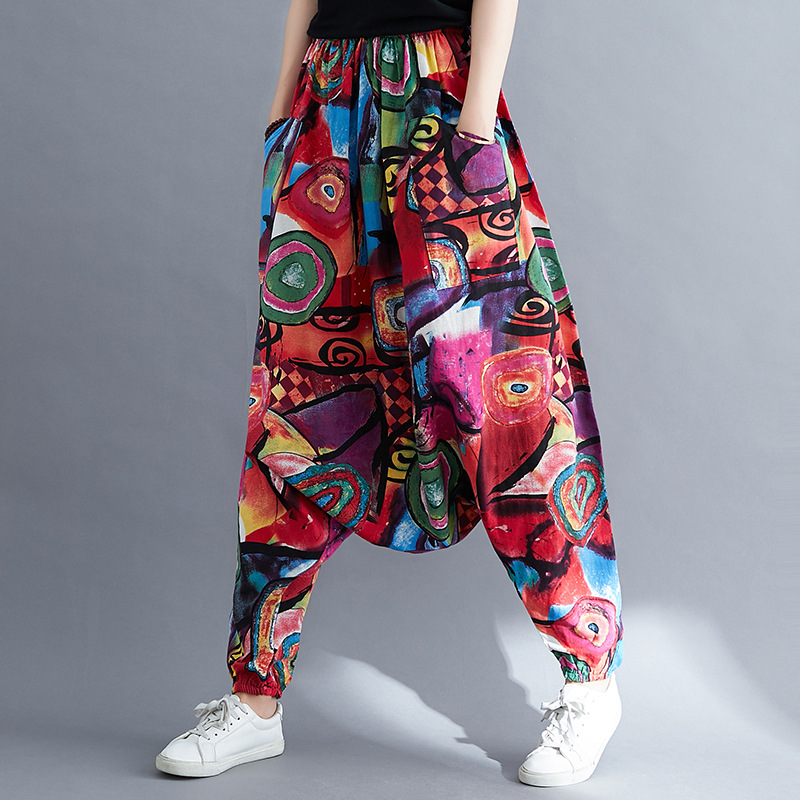Folk Style Loose Cotton Linen Pants Crotch Knickerbockers