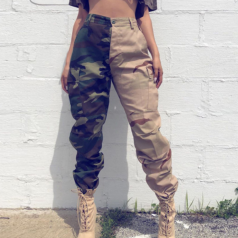 High Waist Camouflage Splicing Pants Female Contrast Color