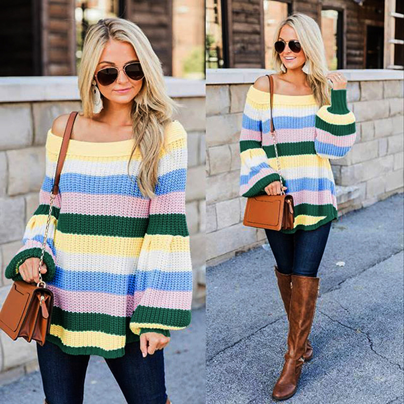 Slit-neck patchwork loose mid-length sweater