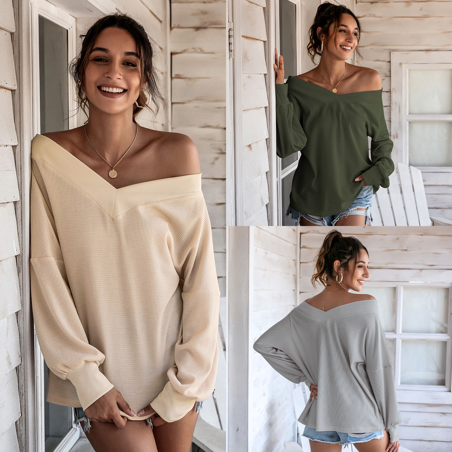 Solid Color V-neck Hollow Loose Long Sleeve Top