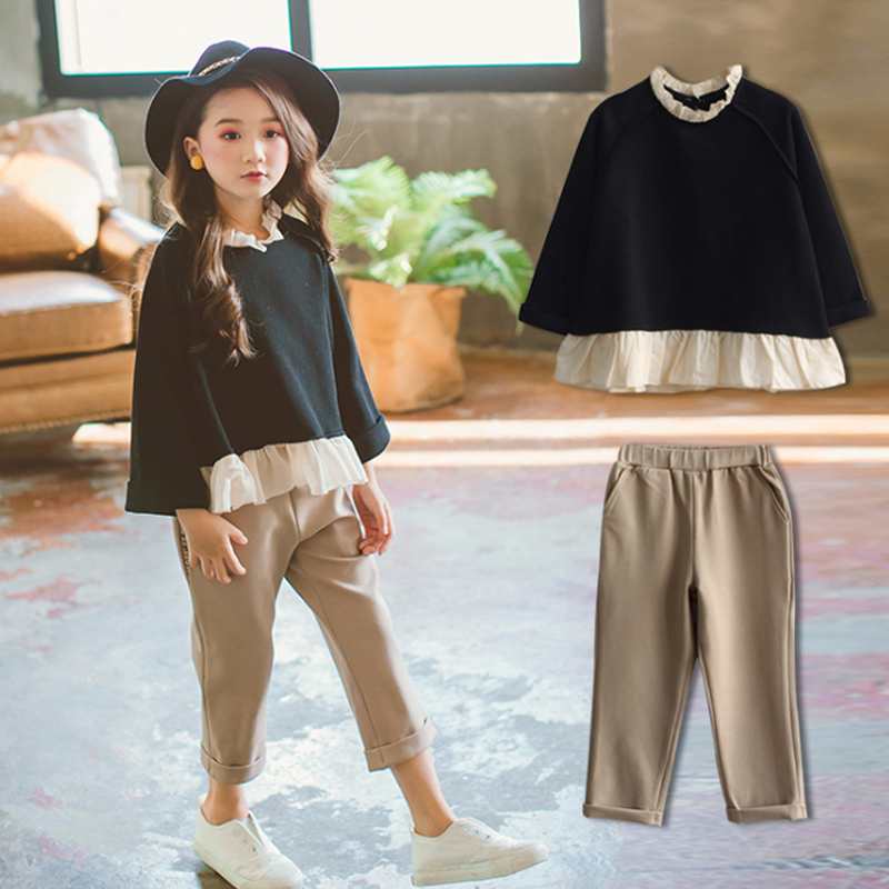 Spring and summer new Korean version of two pieces Contrast color lace sweater  nine pants