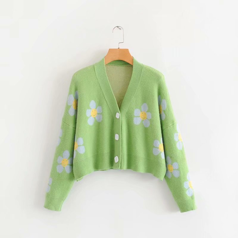 V-neck flower jacquard cardigan sweater
