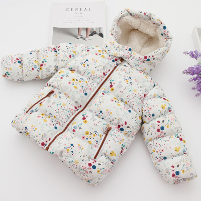 Girls coat 2021 winter children lamb cashmere thick cotton clothes small floral cotton children's baby hooded cotton coat