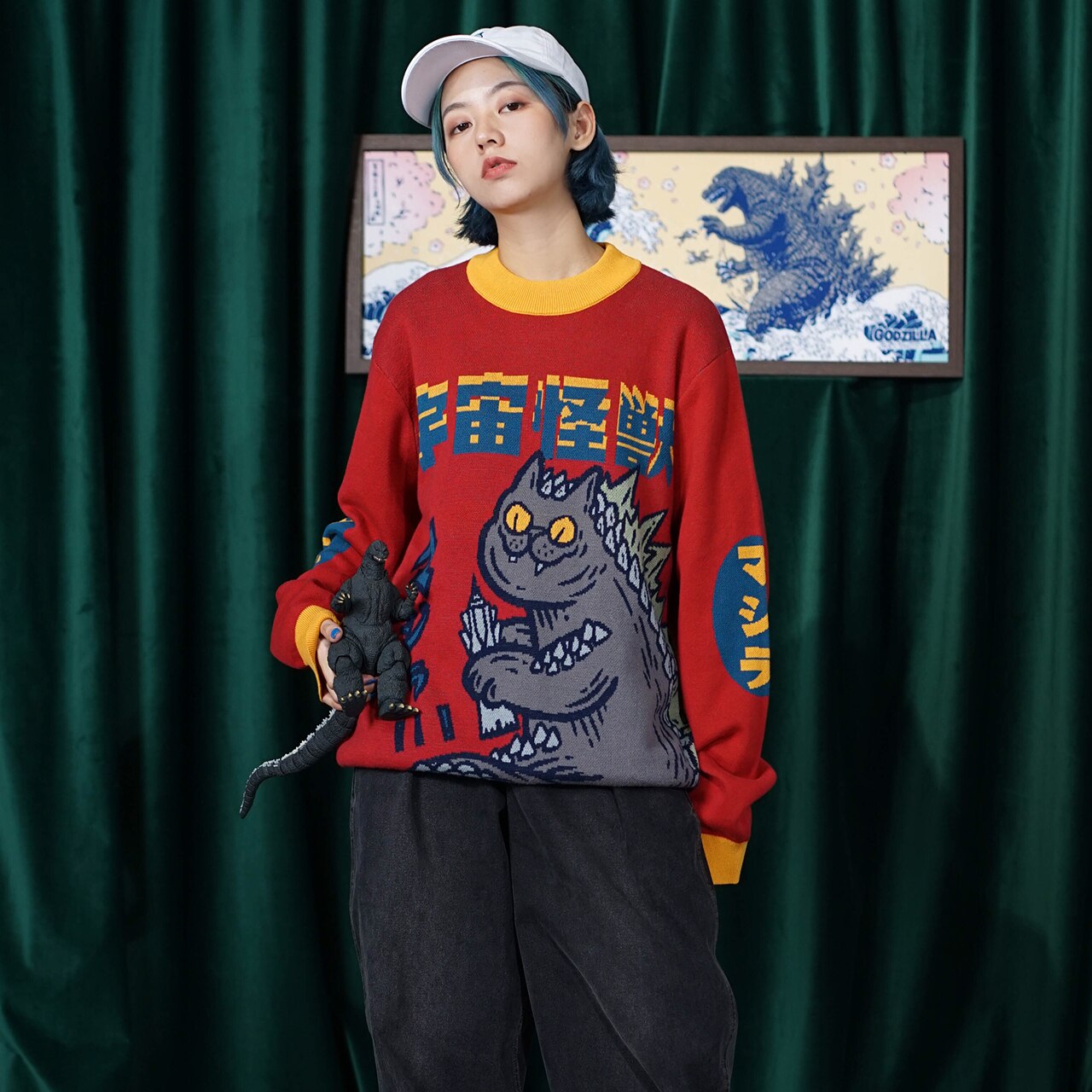 Cartoon contrast color round neck sweater