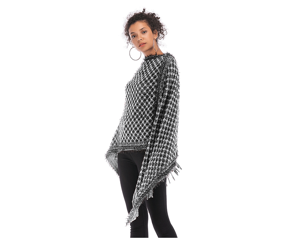 Women's tassel cloak shawl coat houndstooth irregular sweater loose pullover sweater female autumn and winter