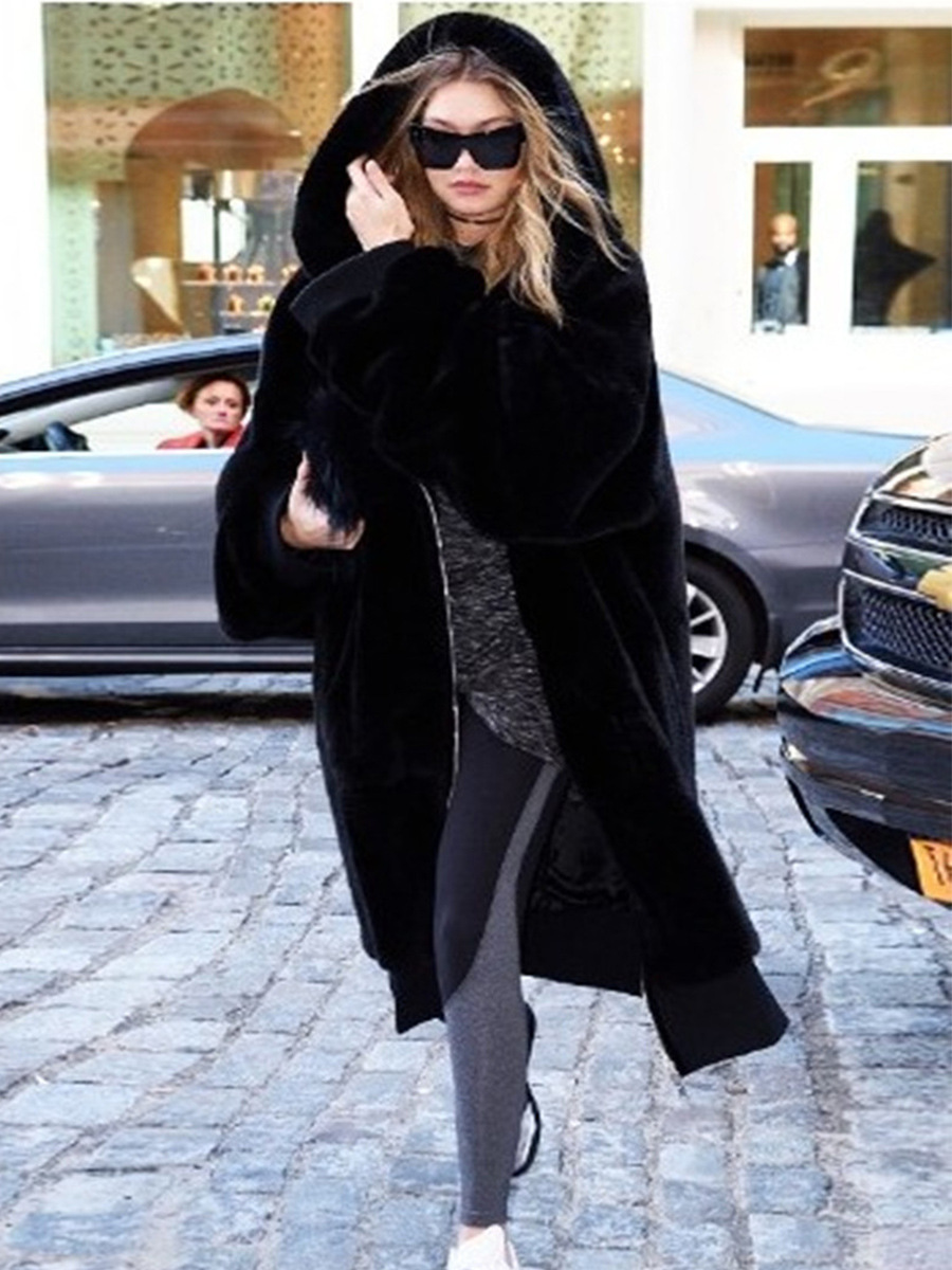 Rabbit Fur Thick Long Hooded Fur Coat