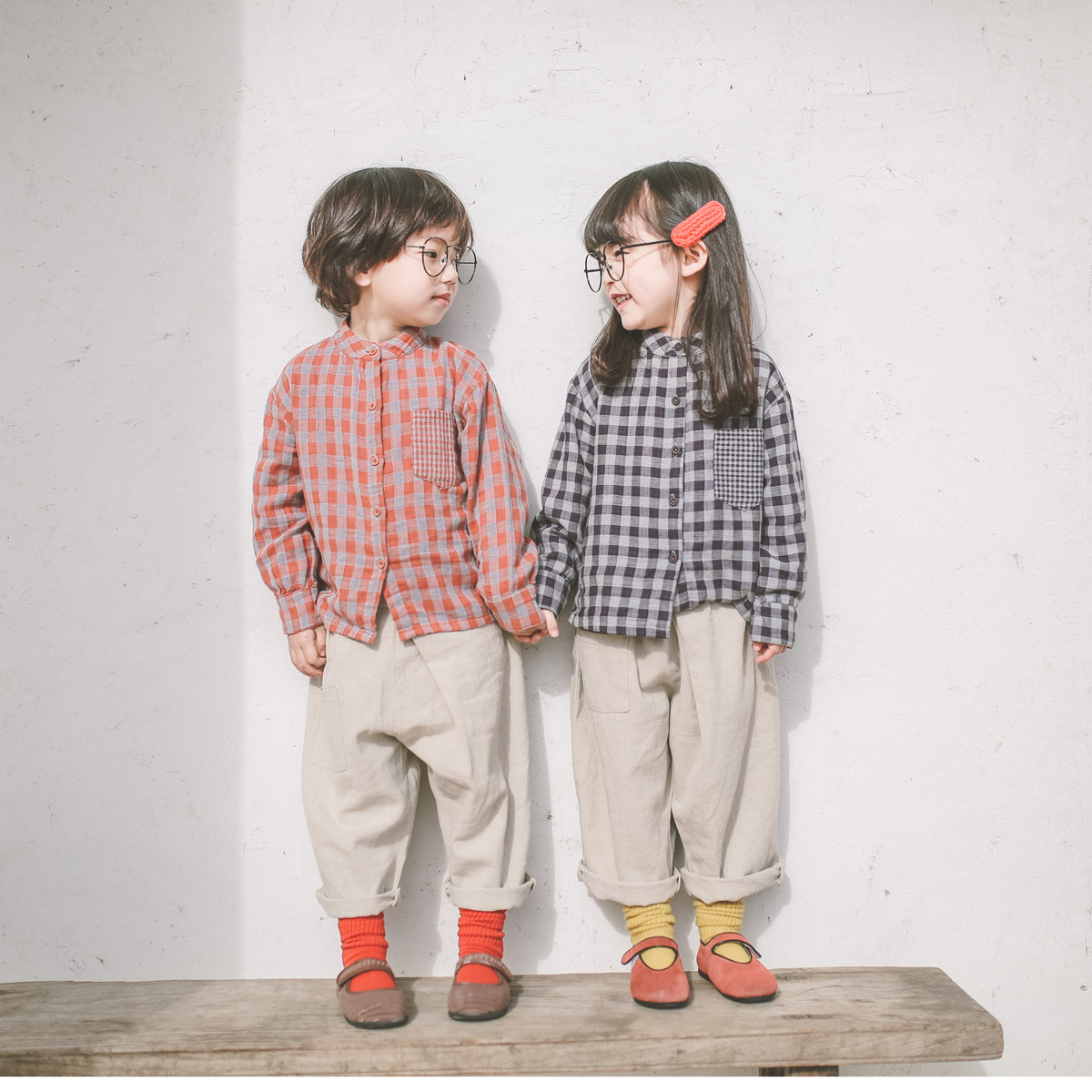 New children's boys and girls Japanese cotton and linen wash inside plaid shirt long-sleeved baby shirt