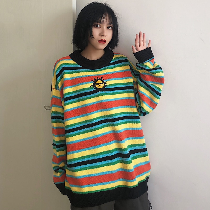 South Korea ins primitive wind color matching loose Joker Turtlehead Rainbow stripes