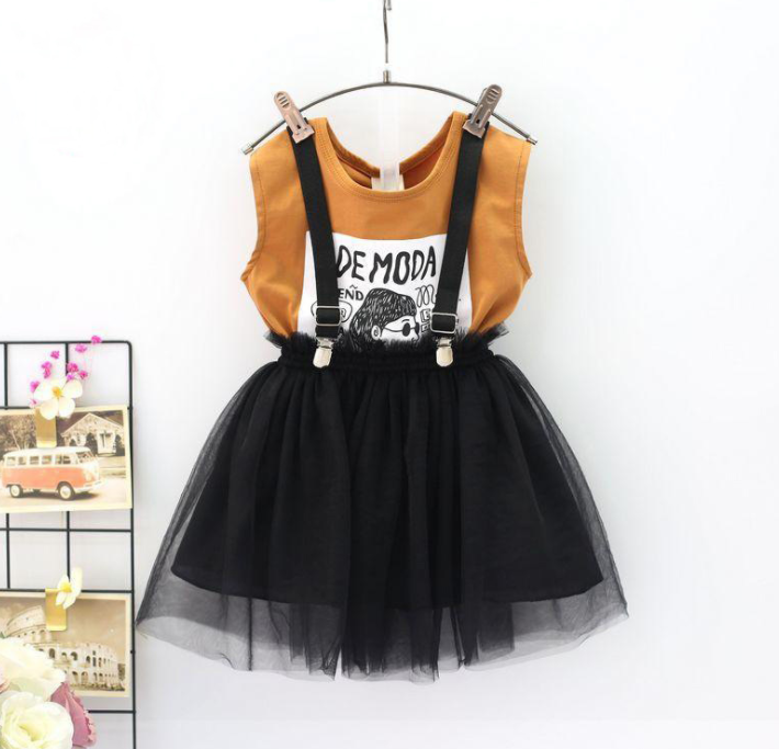 Cartoon letter T-shirt + mesh yarn suspender skirt children's skirt suit
