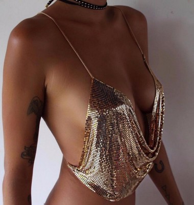 Swimwear Nightclub Low-cut Backless Metallic Sequins Tie Chain Sling Deep V Open-Neck Vest
