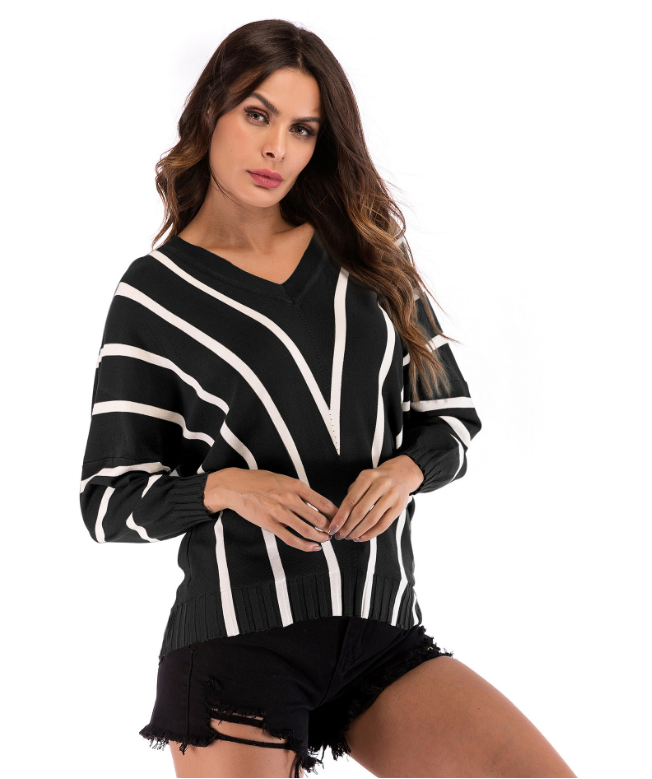 Striped v-neck sweater sweater loose bat sleeve head base shirt