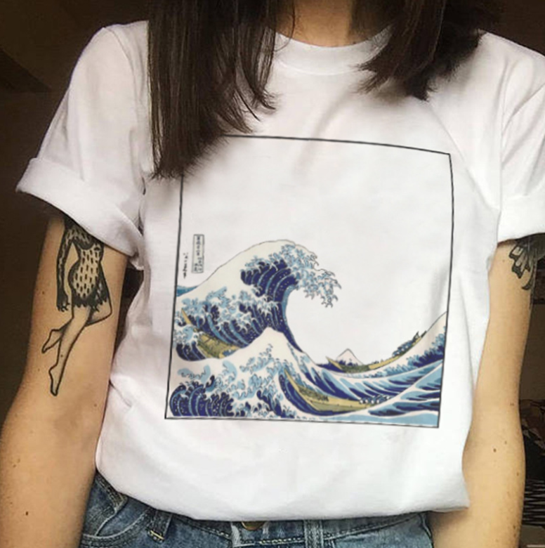 2021 women's t-shirt bottoming shirt female retro elements literary wave mural women's shirt women's summer shirt