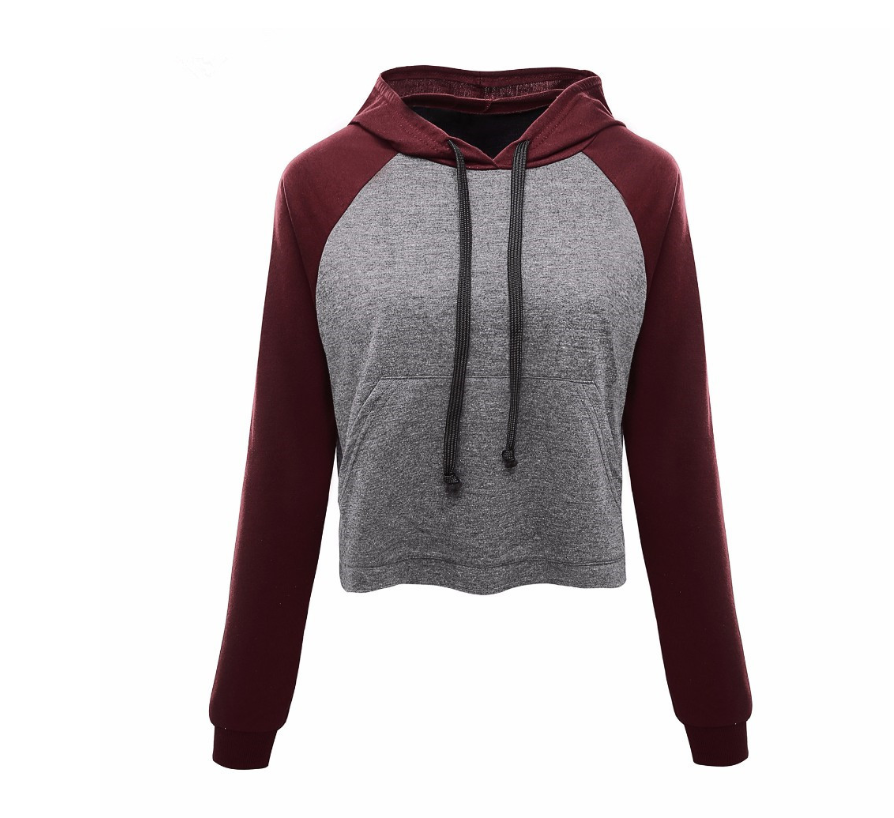 New long-sleeved hooded sweater women's contrast color short casual T-shirt