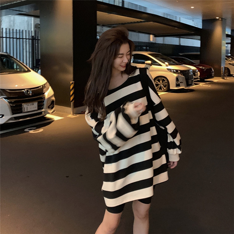 Lazy Off Shoulder Long Sleeve Striped Sweatshirt