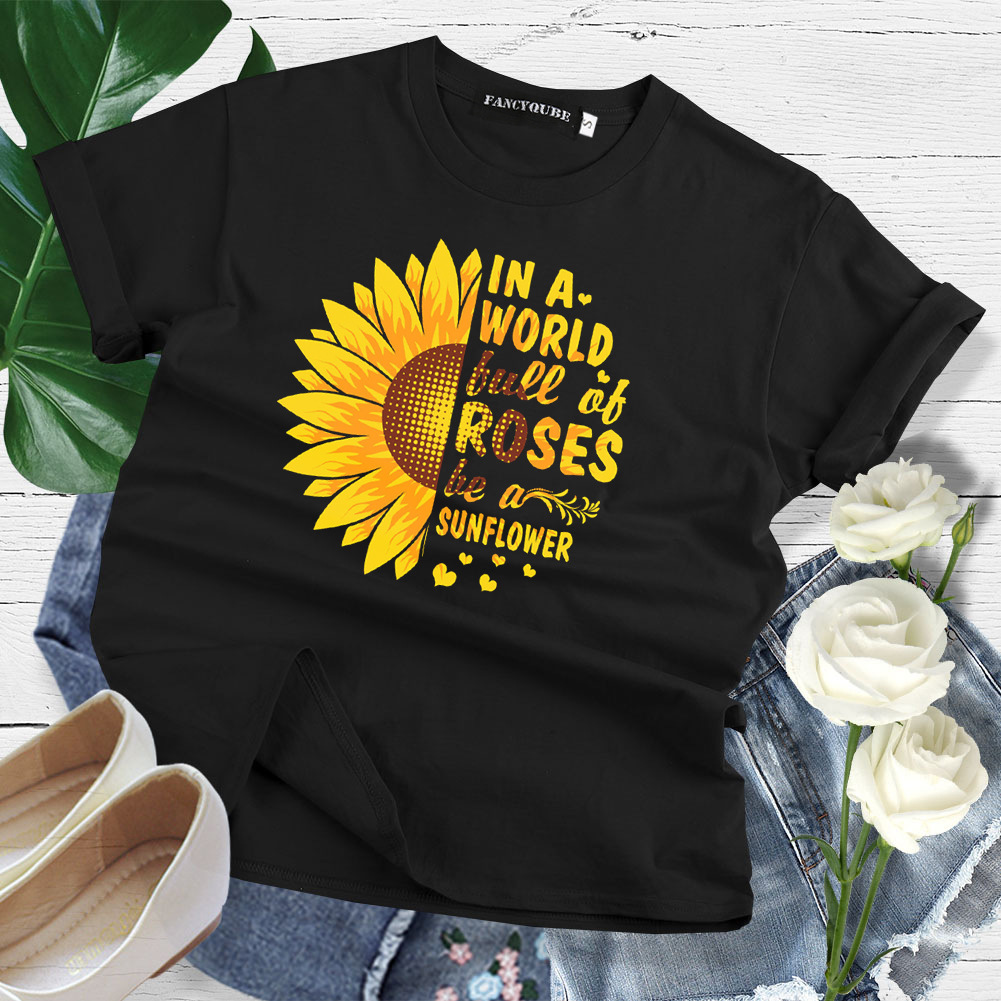 Europe And The United States Foreign Trade Ladies Shirt Summer Sunflower Letter Printed Short-sleeved Cotton T-shirt