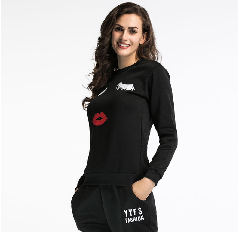 Long sleeves plus velvet lips print loose hooded sweater women 2021 spring new large size women's shirt