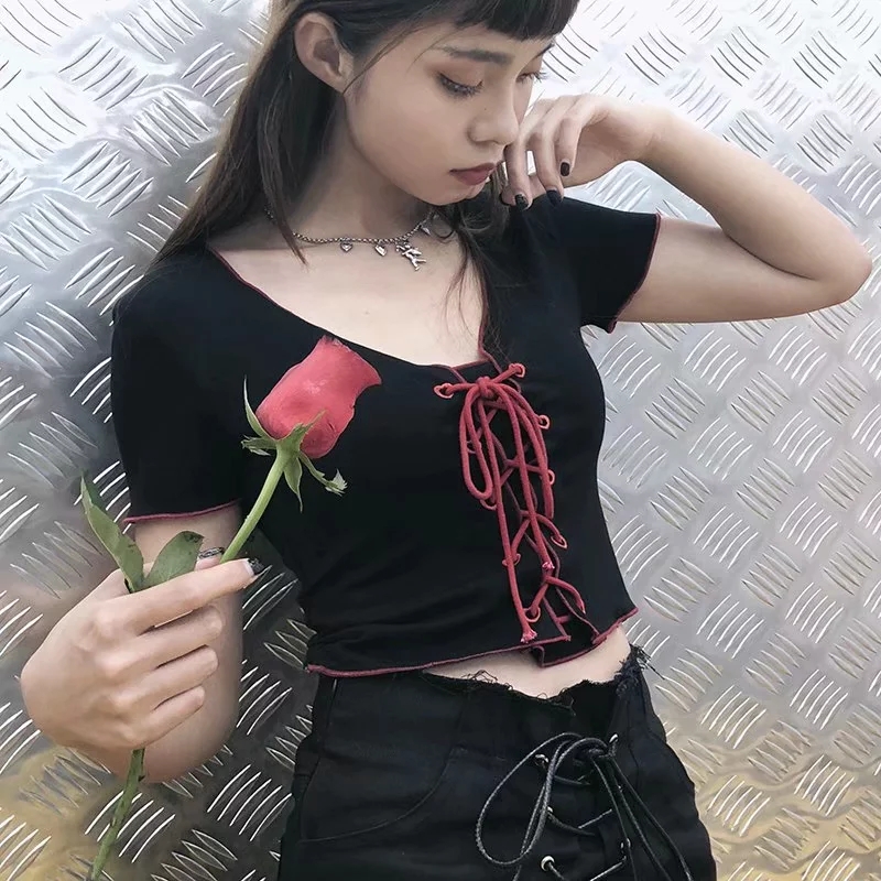 Women's V-neck tie front short-sleeved T-shirt high short