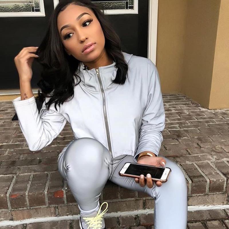 Reflective Sweater Hooded Drawstring   Blouse