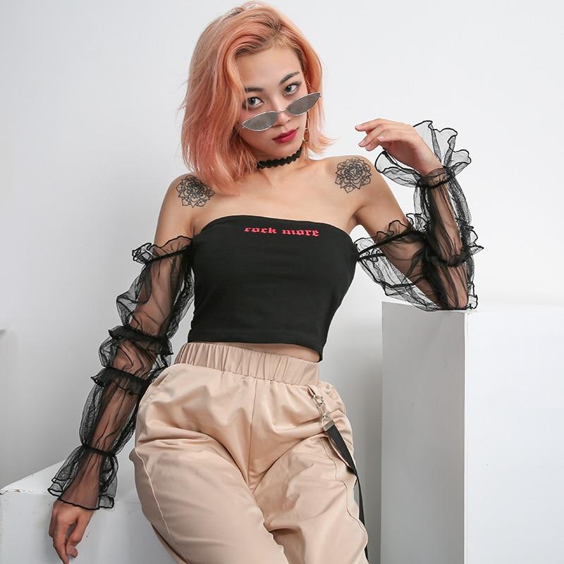 2021 autumn new sexy word shoulder tube top mesh long-sleeved umbilical shirt women